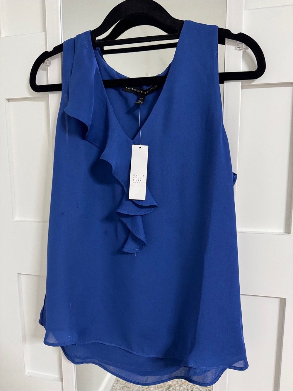 White House Black Market Cobalt Blue Ruffle V-Neck Sleeveless Top